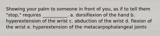 Showing your palm to someone in front of you, as if to tell them "stop," requires ___________. a. dorsiflexion of the hand b. hyperextension of the wrist c. abduction of the wrist d. flexion of the wrist e. hyperextension of the metacarpophalangeal joints