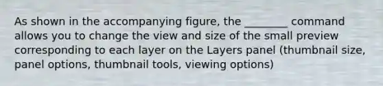 As shown in the accompanying figure, the ________ command allows you to change the view and size of the small preview corresponding to each layer on the Layers panel (thumbnail size, panel options, thumbnail tools, viewing options)