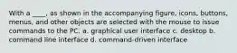 With a ____, as shown in the accompanying figure, icons, buttons, menus, and other objects are selected with the mouse to issue commands to the PC. a. graphical user interface c. desktop b. command line interface d. command-driven interface