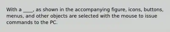 With a ____, as shown in the accompanying figure, icons, buttons, menus, and other objects are selected with the mouse to issue commands to the PC.