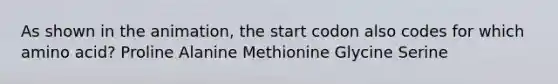 As shown in the animation, the start codon also codes for which amino acid? Proline Alanine Methionine Glycine Serine