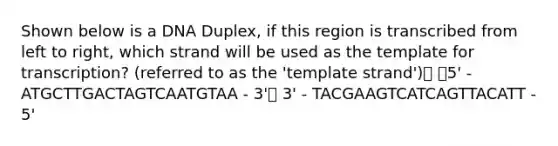 Shown below is a DNA Duplex, if this region is transcribed from left to right, which strand will be used as the template for transcription? (referred to as the 'template strand') 5' - ATGCTTGACTAGTCAATGTAA - 3' 3' - TACGAAGTCATCAGTTACATT - 5'