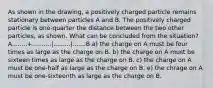 As shown in the drawing, a positively charged particle remains stationary between particles A and B. The positively charged particle is one-quarter the distance between the two other particles, as shown. What can be concluded from the situation? A........+..........|.........|.......B a) the charge on A must be four times as large as the charge on B. b) the charge on A must be sixteen times as large as the charge on B. c) the charge on A must be one-half as large as the charge on B. e) the chrage on A must be one-sixteenth as large as the charge on B.