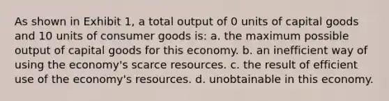 As shown in Exhibit 1, a total output of 0 units of capital goods and 10 units of consumer goods is: a. the maximum possible output of capital goods for this economy. b. an inefficient way of using the economy's scarce resources. c. the result of efficient use of the economy's resources. d. unobtainable in this economy.