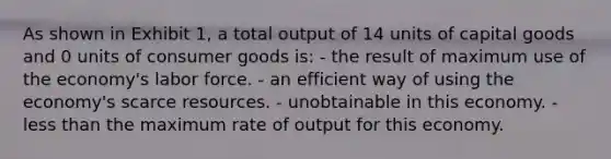 As shown in Exhibit 1, a total output of 14 units of capital goods and 0 units of consumer goods is: - the result of maximum use of the economy's labor force. - an efficient way of using the economy's scarce resources. - unobtainable in this economy. - less than the maximum rate of output for this economy.