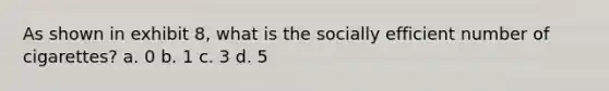 As shown in exhibit 8, what is the socially efficient number of cigarettes? a. 0 b. 1 c. 3 d. 5