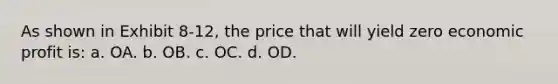 As shown in Exhibit 8-12, the price that will yield zero economic profit is: a. OA. b. OB. c. OC. d. OD.