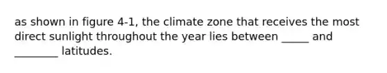 as shown in figure 4-1, the climate zone that receives the most direct sunlight throughout the year lies between _____ and ________ latitudes.