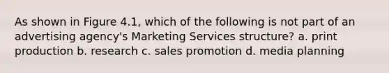 As shown in Figure 4.1, which of the following is not part of an advertising agency's Marketing Services structure? a. print production b. research c. sales promotion d. media planning