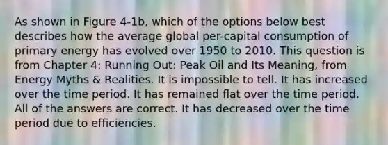 As shown in Figure 4-1b, which of the options below best describes how the average global per-capital consumption of primary energy has evolved over 1950 to 2010. This question is from Chapter 4: Running Out: Peak Oil and Its Meaning, from Energy Myths & Realities. It is impossible to tell. It has increased over the time period. It has remained flat over the time period. All of the answers are correct. It has decreased over the time period due to efficiencies.