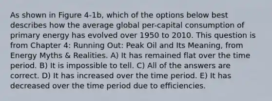 As shown in Figure 4-1b, which of the options below best describes how the average global per-capital consumption of primary energy has evolved over 1950 to 2010. This question is from Chapter 4: Running Out: Peak Oil and Its Meaning, from Energy Myths & Realities. A) It has remained flat over the time period. B) It is impossible to tell. C) All of the answers are correct. D) It has increased over the time period. E) It has decreased over the time period due to efficiencies.