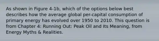 As shown in Figure 4-1b, which of the options below best describes how the average global per-capital consumption of primary energy has evolved over 1950 to 2010. This question is from Chapter 4: Running Out: Peak Oil and Its Meaning, from Energy Myths & Realities.