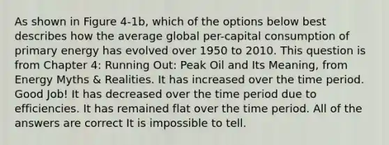 As shown in Figure 4-1b, which of the options below best describes how the average global per-capital consumption of primary energy has evolved over 1950 to 2010. This question is from Chapter 4: Running Out: Peak Oil and Its Meaning, from Energy Myths & Realities. It has increased over the time period. Good Job! It has decreased over the time period due to efficiencies. It has remained flat over the time period. All of the answers are correct It is impossible to tell.