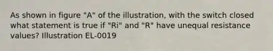 As shown in figure "A" of the illustration, with the switch closed what statement is true if "Ri" and "R" have unequal resistance values? Illustration EL-0019