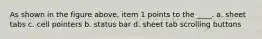 As shown in the figure above, item 1 points to the ____. a. sheet tabs c. cell pointers b. status bar d. sheet tab scrolling buttons