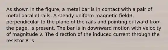 As shown in the figure, a metal bar is in contact with a pair of metal parallel rails. A steady uniform magnetic fieldB, perpendicular to the plane of the rails and pointing outward from the page, is present. The bar is in downward motion with velocity of magnitude ν. The direction of the induced current through the resistor R is