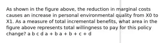 As shown in the figure above, the reduction in marginal costs causes an increase in personal environmental quality from X0 to X1. As a measure of total incremental benefits, what area in the figure above represents total willingness to pay for this policy change? a b c d a + b a + b + c + d