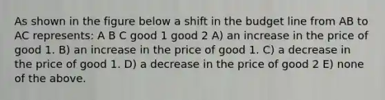 As shown in the figure below a shift in the budget line from AB to AC represents: A B C good 1 good 2 A) an increase in the price of good 1. B) an increase in the price of good 1. C) a decrease in the price of good 1. D) a decrease in the price of good 2 E) none of the above.