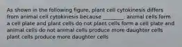 As shown in the following figure, plant cell cytokinesis differs from animal cell cytokinesis because ________. animal cells form a cell plate and plant cells do not plant cells form a cell plate and animal cells do not animal cells produce more daughter cells plant cells produce more daughter cells