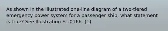 As shown in the illustrated one-line diagram of a two-tiered emergency power system for a passenger ship, what statement is true? See Illustration EL-0166. (1)