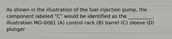 As shown in the illustration of the fuel injection pump, the component labeled "C" would be identified as the __________. Illustration MO-0061 (A) control rack (B) barrel (C) sleeve (D) plunger