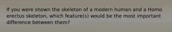 If you were shown the skeleton of a modern human and a Homo erectus skeleton, which feature(s) would be the most important difference between them?