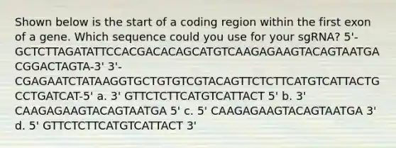 Shown below is the start of a coding region within the first exon of a gene. Which sequence could you use for your sgRNA? 5'-GCTCTTAGATATTCCACGACACAGCATGTCAAGAGAAGTACAGTAATGACGGACTAGTA-3' 3'-CGAGAATCTATAAGGTGCTGTGTCGTACAGTTCTCTTCATGTCATTACTGCCTGATCAT-5' a. 3' GTTCTCTTCATGTCATTACT 5' b. 3' CAAGAGAAGTACAGTAATGA 5' c. 5' CAAGAGAAGTACAGTAATGA 3' d. 5' GTTCTCTTCATGTCATTACT 3'