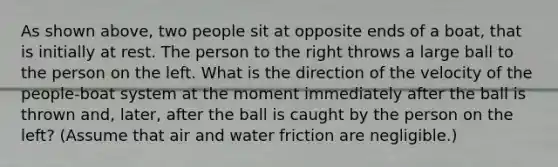 As shown above, two people sit at opposite ends of a boat, that is initially at rest. The person to the right throws a large ball to the person on the left. What is the direction of the velocity of the people-boat system at the moment immediately after the ball is thrown and, later, after the ball is caught by the person on the left? (Assume that air and water friction are negligible.)