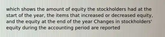 which shows the amount of equity the stockholders had at the start of the year, the items that increased or decreased equity, and the equity at the end of the year Changes in stockholders' equity during the accounting period are reported