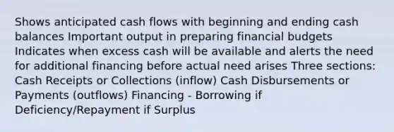 Shows anticipated cash flows with beginning and ending cash balances Important output in preparing financial budgets Indicates when excess cash will be available and alerts the need for additional financing before actual need arises Three sections: Cash Receipts or Collections (inflow) Cash Disbursements or Payments (outflows) Financing - Borrowing if Deficiency/Repayment if Surplus