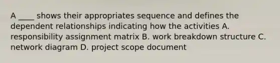 A ____ shows their appropriates sequence and defines the dependent relationships indicating how the activities A. responsibility assignment matrix B. work breakdown structure C. network diagram D. project scope document