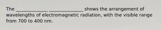 The ______________ _______________ shows the arrangement of wavelengths of electromagnetic radiation, with the visible range from 700 to 400 nm.