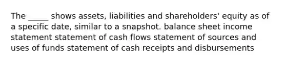 The _____ shows assets, liabilities and shareholders' equity as of a specific date, similar to a snapshot. balance sheet income statement statement of cash flows statement of sources and uses of funds statement of cash receipts and disbursements