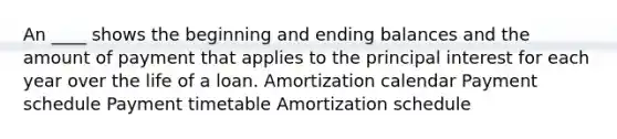 An ____ shows the beginning and ending balances and the amount of payment that applies to the principal interest for each year over the life of a loan. Amortization calendar Payment schedule Payment timetable Amortization schedule