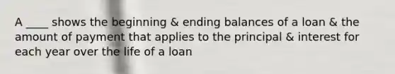 A ____ shows the beginning & ending balances of a loan & the amount of payment that applies to the principal & interest for each year over the life of a loan