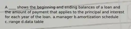 A ____ shows the beginning and ending balances of a loan and the amount of payment that applies to the principal and interest for each year of the loan. a.manager b.amortization schedule c.:range d.data table