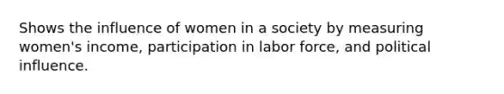 Shows the influence of women in a society by measuring women's income, participation in labor force, and political influence.