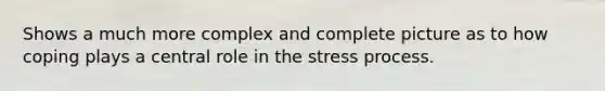 Shows a much more complex and complete picture as to how coping plays a central role in the stress process.