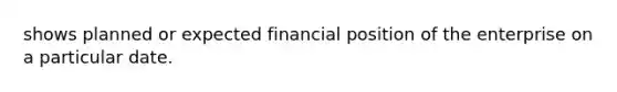 shows planned or expected financial position of the enterprise on a particular date.