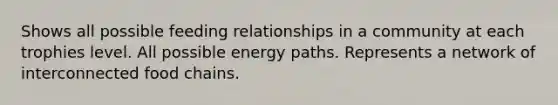 Shows all possible feeding relationships in a community at each trophies level. All possible energy paths. Represents a network of interconnected food chains.