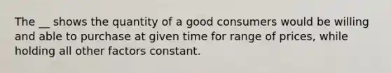 The __ shows the quantity of a good consumers would be willing and able to purchase at given time for range of prices, while holding all other factors constant.