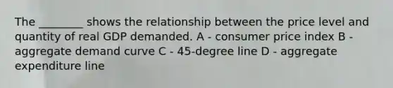 The ________ shows the relationship between the price level and quantity of real GDP demanded. A - consumer price index B - aggregate demand curve C - 45-degree line D - aggregate expenditure line