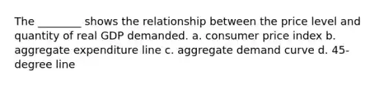 The ________ shows the relationship between the price level and quantity of real GDP demanded. a. consumer price index b. aggregate expenditure line c. aggregate demand curve d. 45-degree line ​