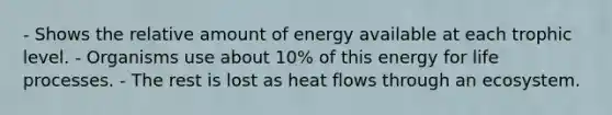 - Shows the relative amount of energy available at each trophic level. - Organisms use about 10% of this energy for life processes. - The rest is lost as heat flows through an ecosystem.