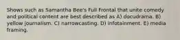 Shows such as Samantha Bee's Full Frontal that unite comedy and political content are best described as A) docudrama. B) yellow journalism. C) narrowcasting. D) infotainment. E) media framing.