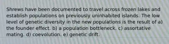 Shrews have been documented to travel across frozen lakes and establish populations on previously uninhabited islands. The low level of genetic diversity in the new populations is the result of a) the founder effect. b) a population bottleneck. c) assortative mating. d) coevolution. e) genetic drift.