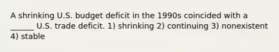 A shrinking U.S. budget deficit in the 1990s coincided with a ______ U.S. trade deficit. 1) shrinking 2) continuing 3) nonexistent 4) stable