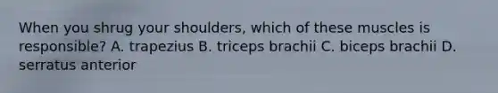 When you shrug your shoulders, which of these muscles is responsible? A. trapezius B. triceps brachii C. biceps brachii D. serratus anterior