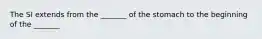 The SI extends from the _______ of the stomach to the beginning of the _______