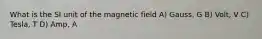 What is the SI unit of the magnetic field A) Gauss, G B) Volt, V C) Tesla, T D) Amp, A